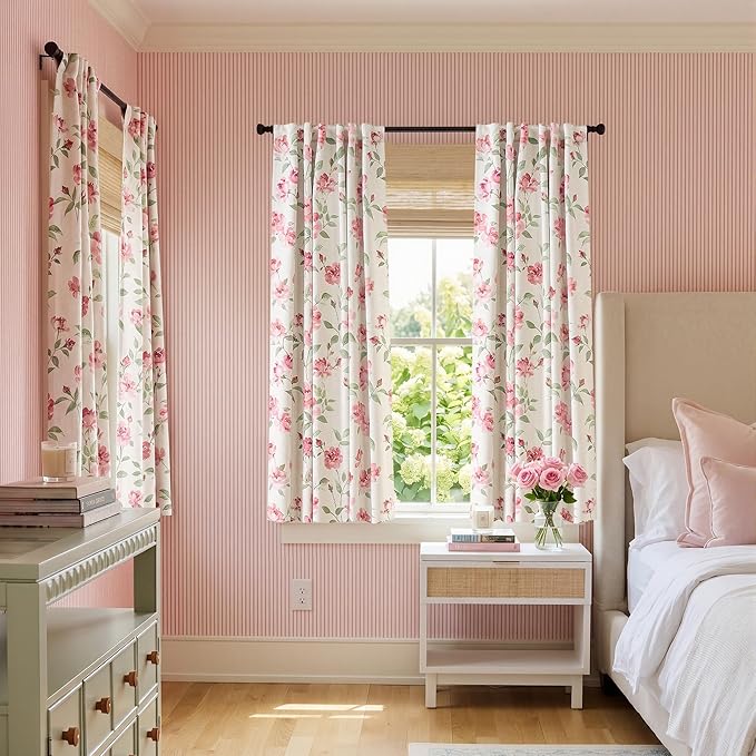 jinchan Pink Curtains Floral Blackout Curtains 63 Inch Length Watercolor Rose Cottagecore for Bedroom Living Room Room Darkening Drapes Romantic Vintage Decor Rod Pocket & Back Tab 2 Panels