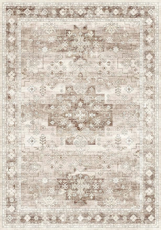 Hazo Haus Beige Farmhouse Washable 7x10 Area Rugs for Living Room, Bedroom, Dining Room Table, Vintage Floral Décor, Non-Slip Stain & Fade Resistant (7x10 Beige/Latte)