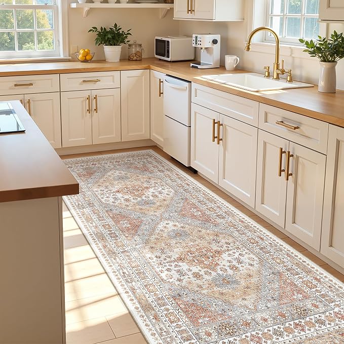 zesthome 3x8 Runner Rug Non Slip Washable for Entryway, Vintage Hallway Runner for Front Porch, Laundry Room, Bedroom, Abstract Stain Resistant Thin Indoor Kitchen Mats for Floor(Orange,3'x8')