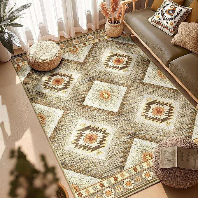 BESTSWEETIE Area Rug 3x4 Rug Machine Washable Non-Slip Low Pile Print Pattern Western Rug for Living Room Bedroom Entryway Tribal Series-Cream/Camel