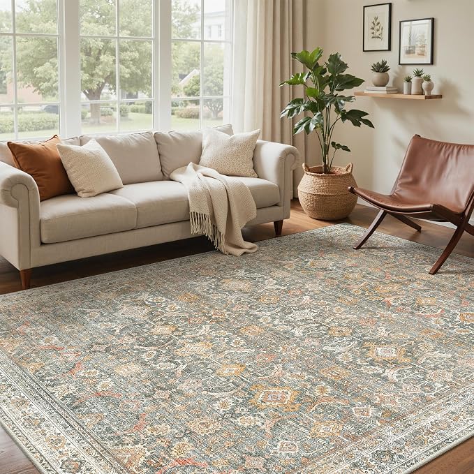 GENIMO 6x9 Area Rugs for Living Room, Machine Washable Non Slip Vintage Rugs, Low Pile Lightweight Chenille Print Rug for Bedroom, Dining Room, Home Office, Turmeric