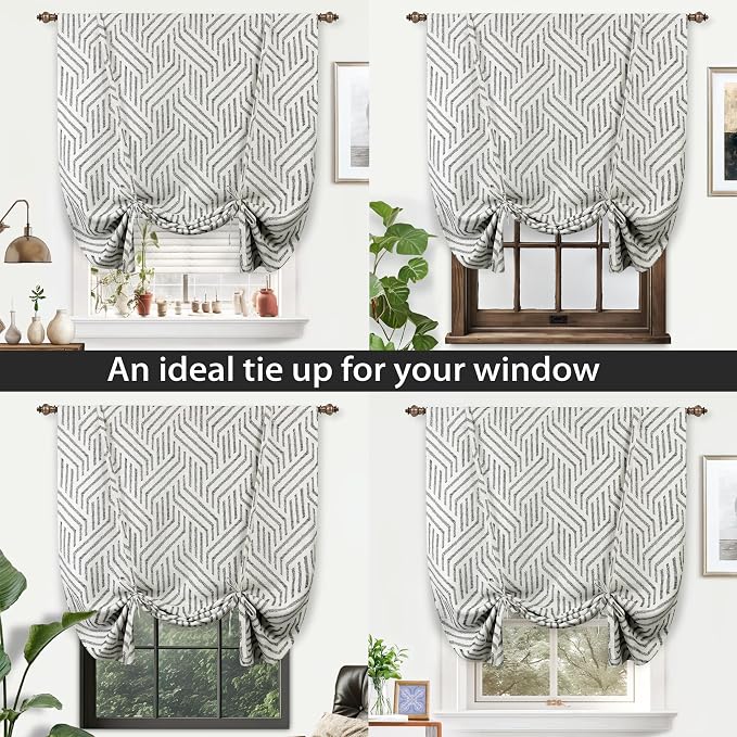 DriftAway Briony Blackout Tie Up Curtain for Kitchen Adjustable Balloon Sketch Textured Lines Printed Tie Up Roman Shades for Small Window Single Rod Pocket Window Coverings 45W x 63L Black