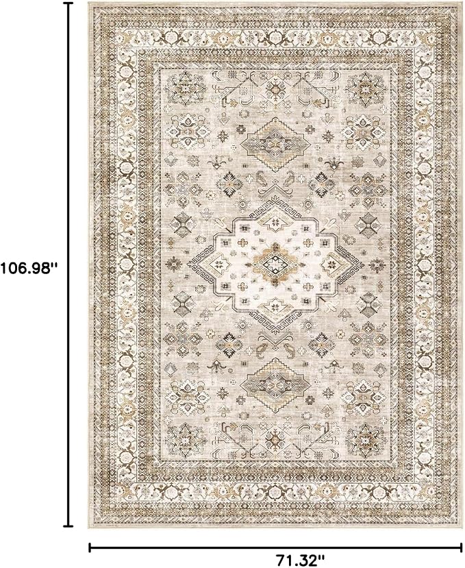 Vintage Living Room Area Rug 6x9 - Large Soft Washable Oriental Traditional Distressed Farmhouse Rugs for Bedroom - Indoor Floor Accent Carpet for Home Office House Decor - Beige