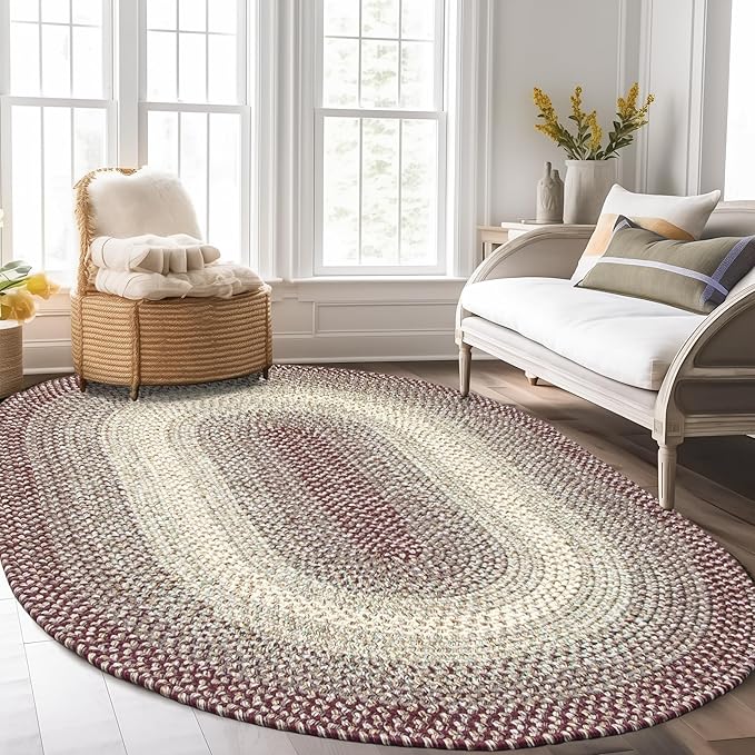 Super Area Rugs Braided Rugs 5X8 Farmhouse Kitchen Rug - Ridgewood Braided Rug for Living Room - Reversible - Indoor/Outdoor - Made in USA - Burgundy/Beige, 5' X 8' Oval