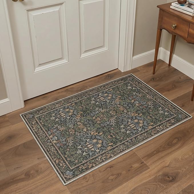 GENIMO 8x10 Washable Rug for Living Room, Non Slip, Charcoal Sage Green | Vintage Boho Floral Low Pile Thin Carpet for Bedroom, Dining Room, Nursery, Indoor Decor