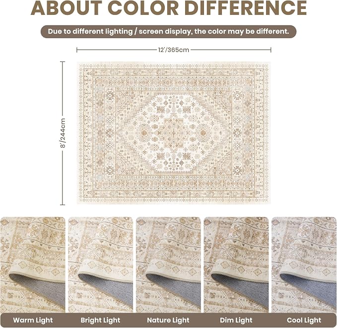 zesthome 8x12 Area Rugs,Stain Resistant Washable Rug,Ultra-Thin Rugs for Living Room,Bedroom,Non-Slip Backing Home Decor Large Area Rug (Cream/Beige,8'x12')