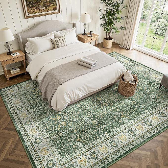 10x14 Large Area Rug for Living Room & Bedroom Washable Non-Slip Sage Green | Soft Boho Vintage Area Rugs for Bedroom Dinning Room Home Office Indoor