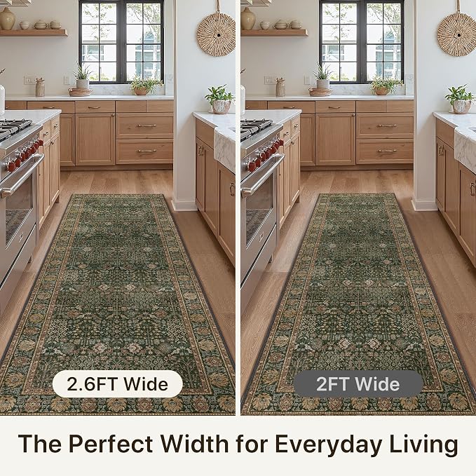 Bavni 2'6''x6 Rug Runners for Hallways, Washable Runner Rug Non Slip, Vintage Floral Print Style Rugs for Bedroom-Lightweight Low Pile Carpet for Hallways Bathroom, Dark Green/Multi