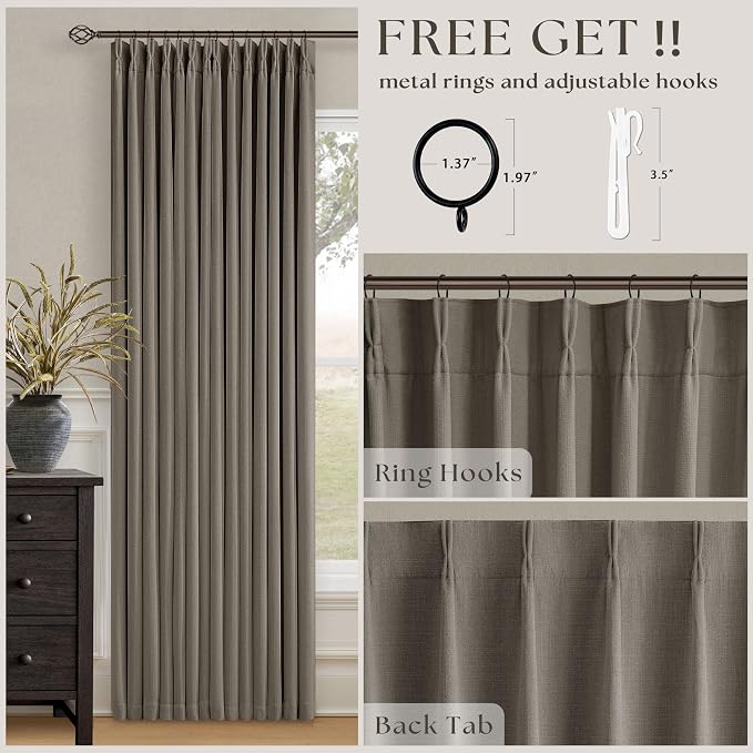 Taupe Grey Pleated Linen Blackout Curtains 80 Inches Long for Bedroom Living Room Pinch Pleat Black Out Thermal Insulated Ring Hooks Room Darkening Drapes Brownish Gray 80 Inch Curtains with Liner