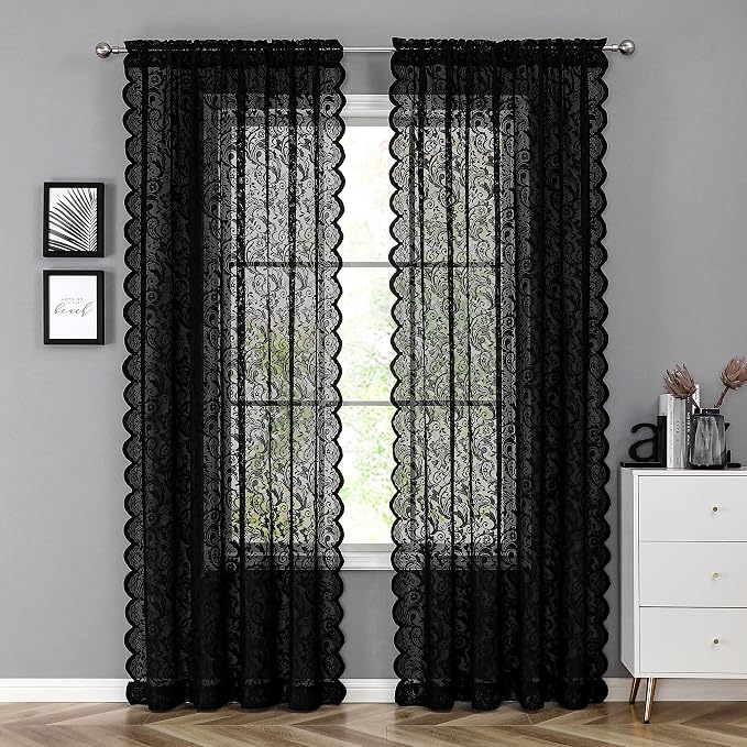 Bujasso Black Sheer Lace Curtains 102 inch Vintage Floral Sheer Window Curtain Panels for Living Room Bedroom Luxury Light Filtering Drapes Black Window Treatment Sets Grommet Top 2 Panels 54"Wx102"L