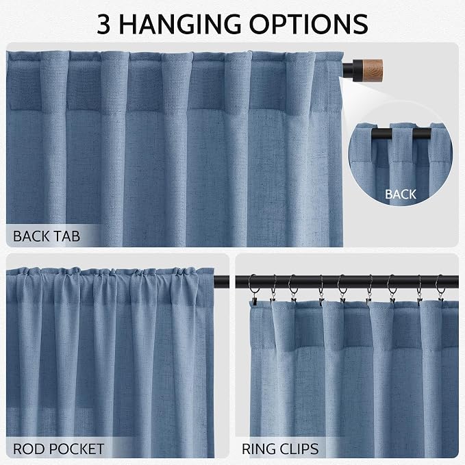 Stone Blue Linen Curtains 90 Inch Length for Bedroom Living Room Back Tab Rod Pocket Light Filtering Semi Sheer Modern Farmhouse Coastal Decor Curtain Cotton Textured Gauze Drapes for Office 52x90