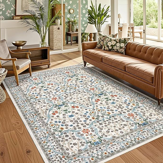 GarveeHome Washable Rug for Living Room, 9x12 Large Area Rug for Dining Room Under Table, Bedroom, Floral Soft Low Pile Non Slip Stain Resistant Carpet for Nursery, Playroom, Office, Beige
