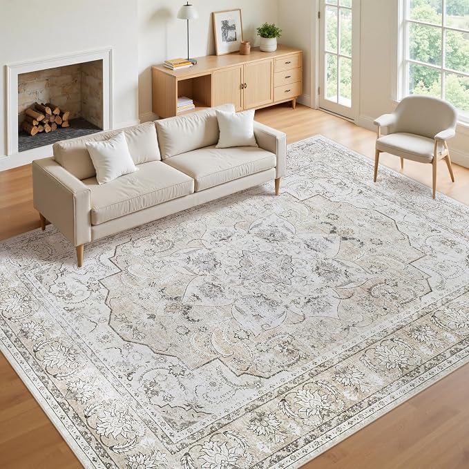 8x10 Area Rugs for Living Room:Beige Washable Vintage Medallion Carpet Non-Slip Soft Low Pile Large Rugs Indoor Retro Rug for Bedroom Nursery Dining Table Office Home(Beige White, 8'x10')