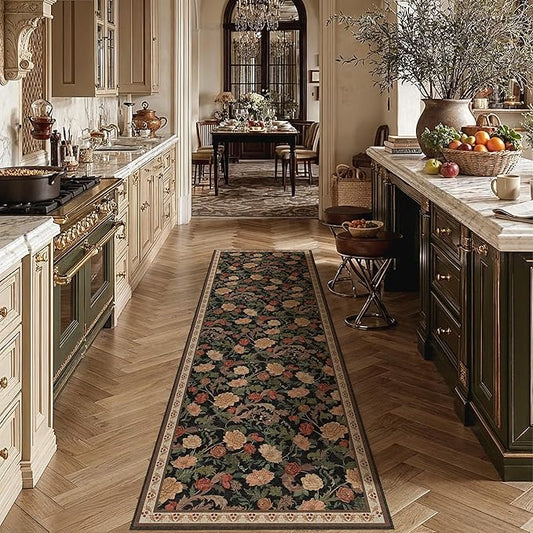 HUGEAR Retro 2x8 Runner Rugs Washable Hallway Rug Vintage Floral Throw Carpet Black Brown Stain Resistant Non Slip Low Pile for Home Aesthetic Modern Decor
