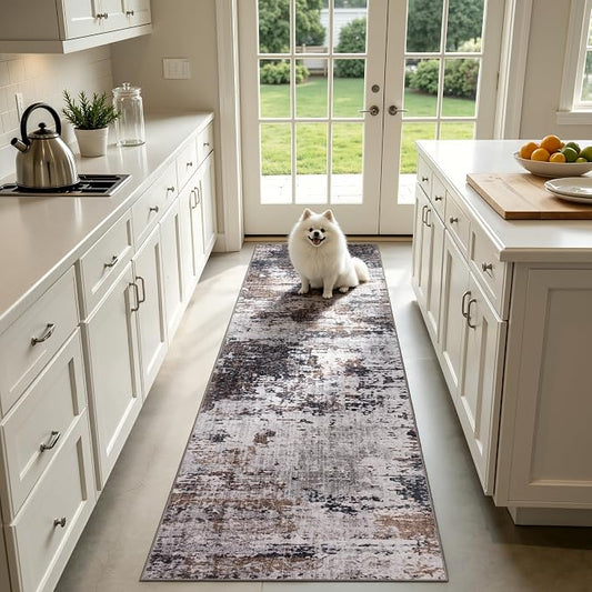 Sasttie 2x10 Soft Runner Rug for Entryway, Modern Abstract Washable Carpet for Hallway, Kitchen and Laundry Room, with Non-Slip Backing, Black and Brown