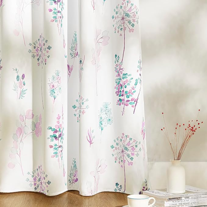 Purple Curtains for Girls Bedroom Aesthetic with Lavender Grey Floral Print 80% Blackout Light Darkening Preppy Black Out Cute Curtains for Kids Room Nursery Teen Girls Room Decor,63 Length 2 Panels
