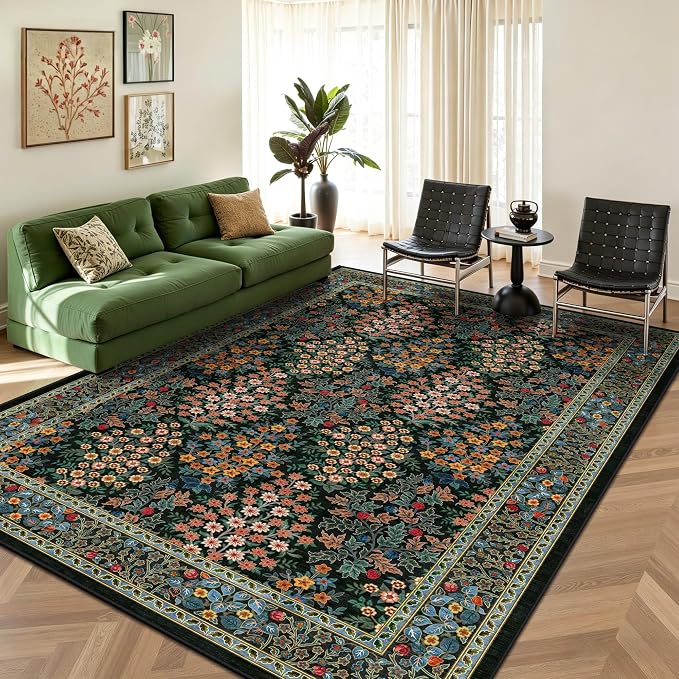 6x9 Area Rugs, Washable Floral Area Rugs for Living Room, Indoor Area Rug for Bedroom, Dining Room, Low Pile Non-Slip Non Shedding Rug(Black Floral)