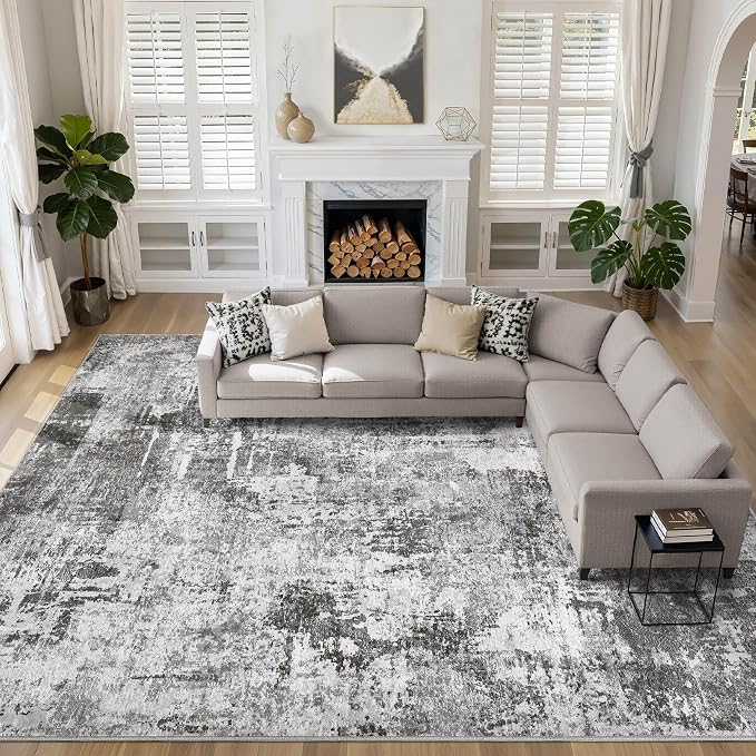 10x13 Area Rug Living Room: Washable Large Abstract Modern Soft Rugs Stain Resistant Indoor Floor Non-Slip Accent Carpet for Bedroom Nursery Playroom Office Dining Room Dorm Home House- Black Grey