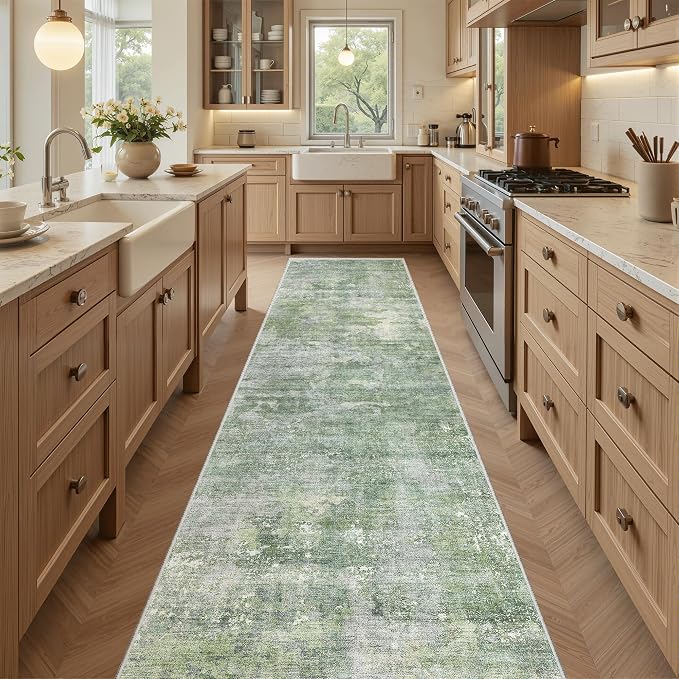 Soalmost Runner Rug 2x8 Washable Non-Slip Hallway Runner Rugs for Kitchen Bathroom Laundry Room Green/Ivory Vintage Floor Carpet Runners for Hallways Entryway