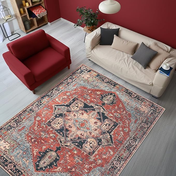 Keen Home Design 5x7 Rug - Machine Washable Area Rug with Non-Slip Backing, Ideal for Living Room, Dining Room, Bedroom - Vintage, Easy Clean, Durable, Low Pile Rug - (5' x 7')