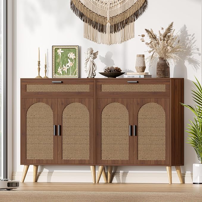 Keehusux Rattan Storage Cabinet with Drawer and 2 Doors, Accent Sideboard Buffet Cabinet with Adjustable Shelf, Solid Wood Feet, Coffee Bar for Kitchen, Living Room, Entryway, Walnut