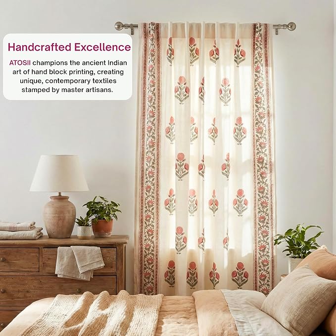 ATOSII 100% Cotton Single Panel Block Print Curtain, Easy Hanging with Rod Pocket & Loop, Living Room, Dining Room, Bedroom Light Filtering Boho Curtains, Set of 1, 60" W X 108" L, Flora Pink Poppy