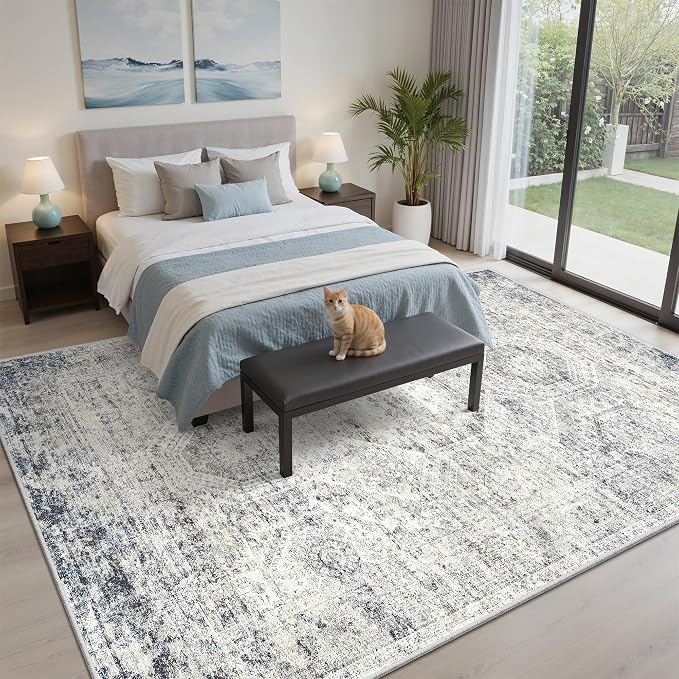 Soalmost 7x9 Area Rug for Living Room Washable Abstract Vintage Soft Thin Indoor Floor Non-Slip Carpet for Bedroom Dining Room Blue Ivory