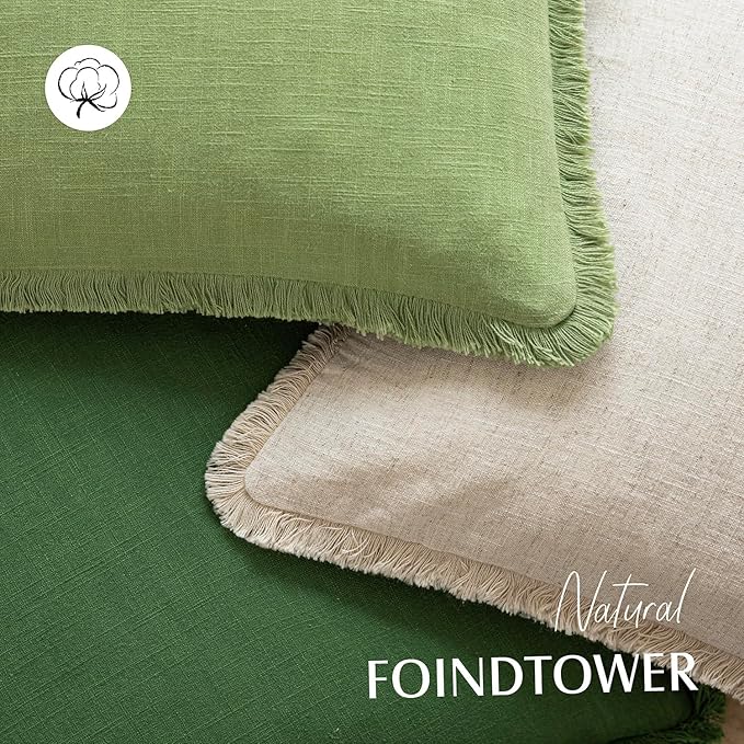 Foindtower Set of 2 Decorative Linen Fringe Throw Pillow Covers Cozy Boho Farmhouse Cushion Cover with Tassels Soft Accent Pillowcase for Couch Sofa Bed Living Room Home Decor,22×22 Inch,Lime Green