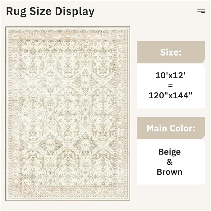 Soalmost Area Rug 10x12 Vintage Washable Living Room Large Carpet Non Slip Bedroom Indoor Office Dining Room Low Pile Thin Rug Beige/Brown