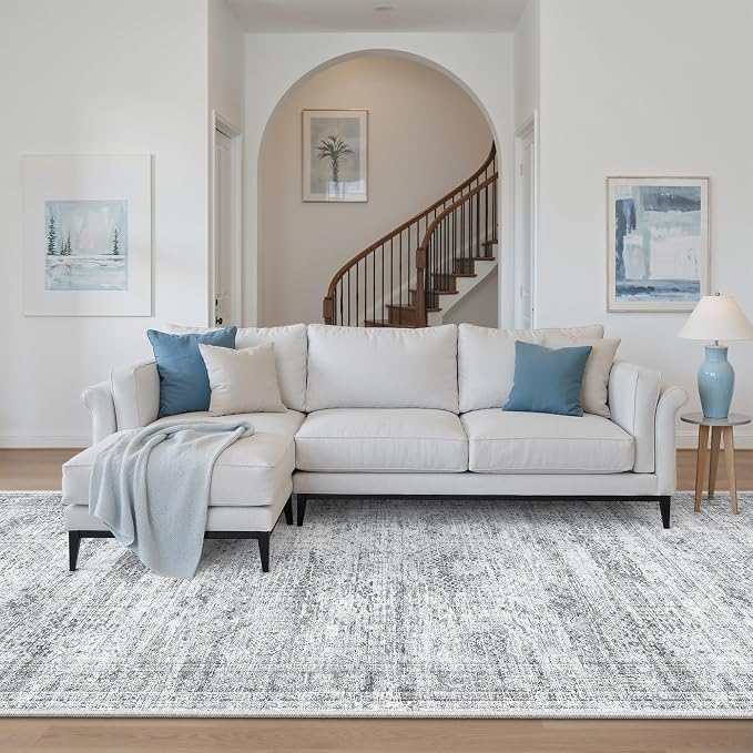 Soalmost 4x10 Wide Hallway Runner Rug: Washable Soft Rug Runners for Living Room Bedroom Ktichen, Stain Resistant Low Pile Area Rugs Non Slip Floor Carpet (Grey, 4x10)