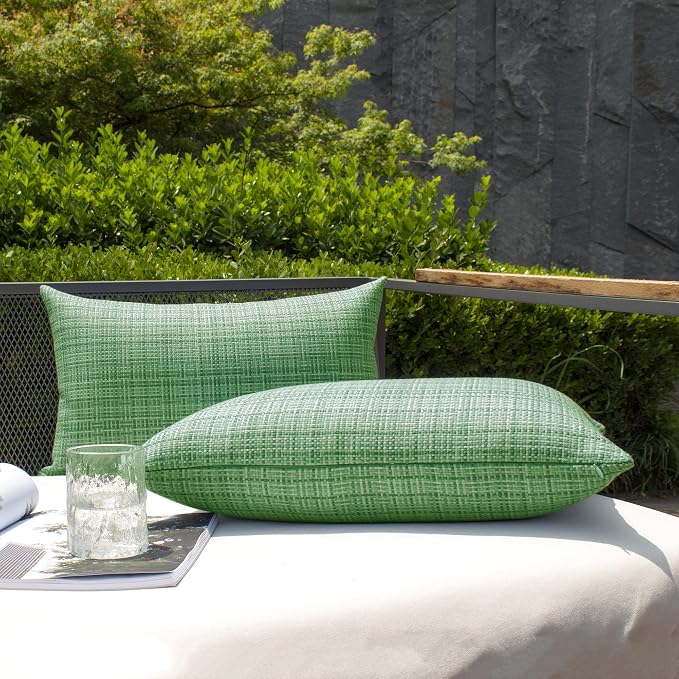 Kevin Textile Outdoor Waterproof Throw Pillow Covers 14x24 Inch Pack of 2 Woven Faux Linen Farmhouse Decorative Water Resistant Lumbar Cushion Covers for Tent Patio Garden Couch Sofa Sage Green