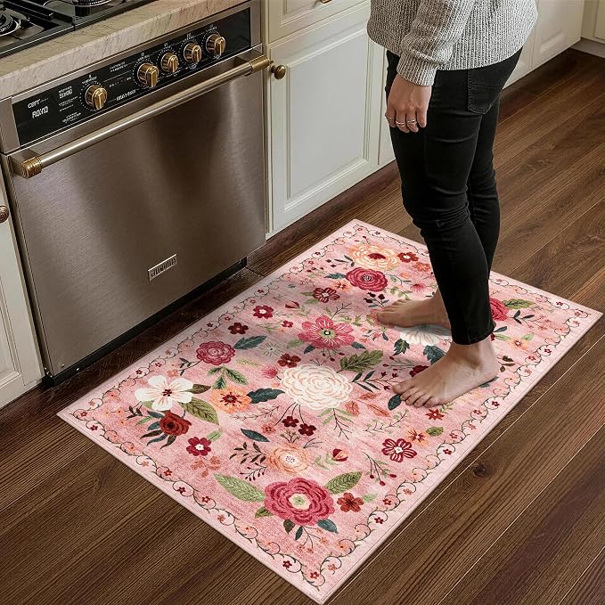 2x3 Washable Area Rug for Entryway Vintage Boho Floral Rug Non-Slip Low Pile Soft Faux Wool Small Carpet Kids and Pets Friendly for Bathroom Bedroom Kitchen Hallway Bedside Home Decor Rug Dark Pink
