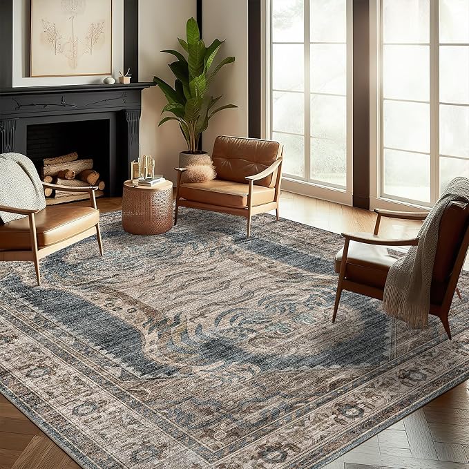 CHAMPLANT Washable Area Rug 9'x12' Retro Boho Design Non-Shedding Easy Care Ideal for High Traffic Areas in Living Room Bedroom Office Coffee Table Kitchen Large Carpet