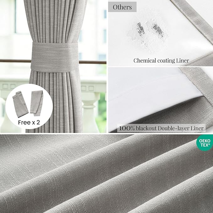 Topfinel Greige Back Tab Blackout Linen Curtains for Bedroom, Thermal Insulated Room Darkening Drapery 84 Inch Length 2 Panels Set, Grandmillennial Boho Sliding Glass Doors Drapes 52" W*84" L
