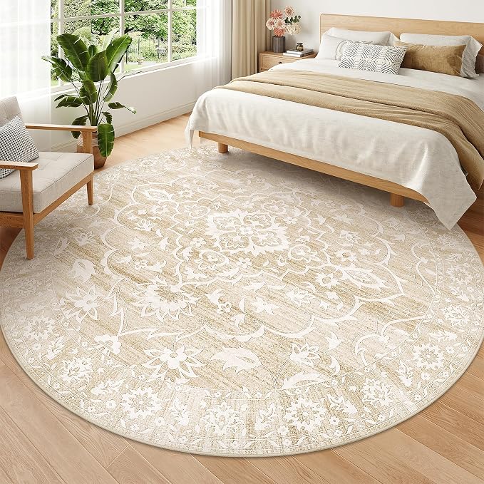 Soalmost Washable Round Rug 9ft for Living Room, Soft Circle Area Rug Beige | Vintage Floral Ultra-Thin Non-Slip Rugs, 9x9 Round Throw Carpet for Dining Room Nursery Bedroom Kitchen 9'Round
