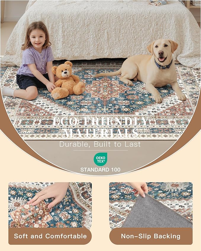 Madane Hallway Runner Rug 2x5 Washable Entry Rugs Non-Slip, Navy Blue | Vintage Printed Low-Pile Kitchen Runners, Soft Low-Pile Stain-Resistant Throw Carpet for Bedroom Entrance Laundry Room 2'x5'