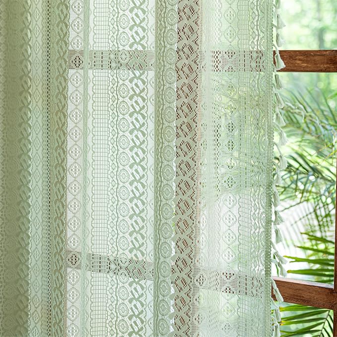Sutuo Home Boho Curtains for Bedroom Dining Room, Bohemian Crochet Lace Hollow Knitted Handmade Tassels Vintage Rustic Window Treatment Farmhouse Drapes, 1 Panel Rod Pocket 59" W x 96" L, Mint Green