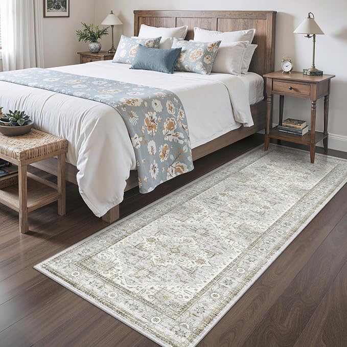 Runner Rug 2'x6' Washable Vintage Area Rugs for Hallway Non Slip Laundry Rug Runner Boho Floor Carpet Runners for Entryway Laundry Room Kitchen Bathroom (2'x6',Blue＆Beige)