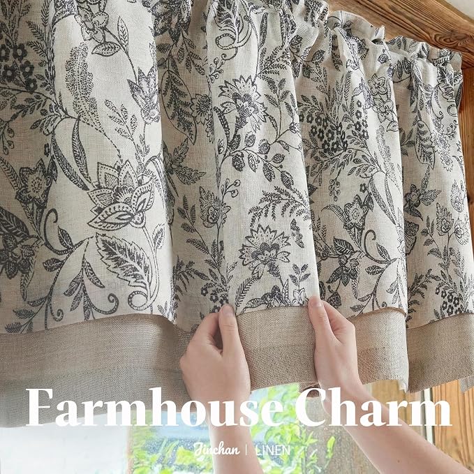 jinchan Linen Valance Curtain Farmhouse Floral Printed Small Window Curtain for Kitchen Rustic Light Filtering Valance for Living Room Bedroom Bathroom 18 Inch Rod Pocket 1 Panel Black on Beige