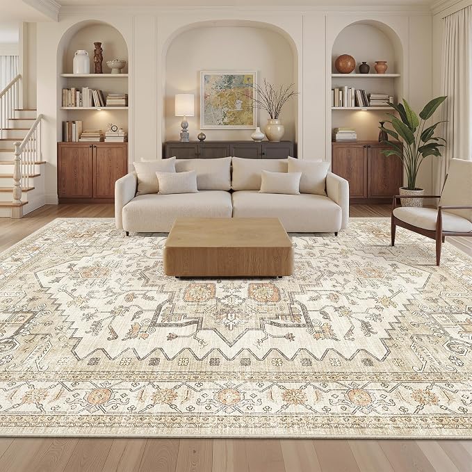 Area Rugs for Living Room - 9x12, Boho Non-Slip Low Pile Carpet Machine Washable Rugs for Bedroom, Farmhouse, Office, Dining Room (Gold)