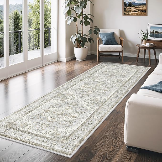 Runner Rug 2'x8' Washable Vintage Area Rugs for Hallway Non Slip Laundry Rug Runner Boho Floor Carpet Runners for Entryway Laundry Room Kitchen Bathroom (2'x8',Blue＆Beige)