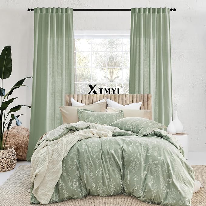 XTMYI Sage Green Linen Cotton Blend Curtains 84 Inches Long, Light Filtering Semi Sheer Cottage Core Boho Curtain Drapes for Summer Bedroom Living Room, Cortinas Verde Salvia