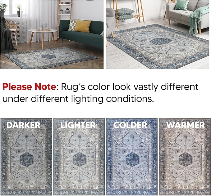 Keen Home Design 5x7 Rug - Machine Washable Area Rug with Non-Slip Backing, Ideal for Living Room, Dining Room, Bedroom - Vintage, Easy Clean, Durable, Low Pile Rug - (5' x 7')