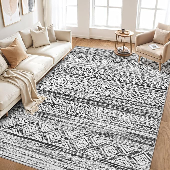 cotiled 9x12 Area Rugs Living Room Rug: Washable Boho Rugs with Non Slip Backing Large Soft Indoor Stain Resistant Carpet for Bedroom Farmhouse Dining Room Lightweight Home Decor White/Black