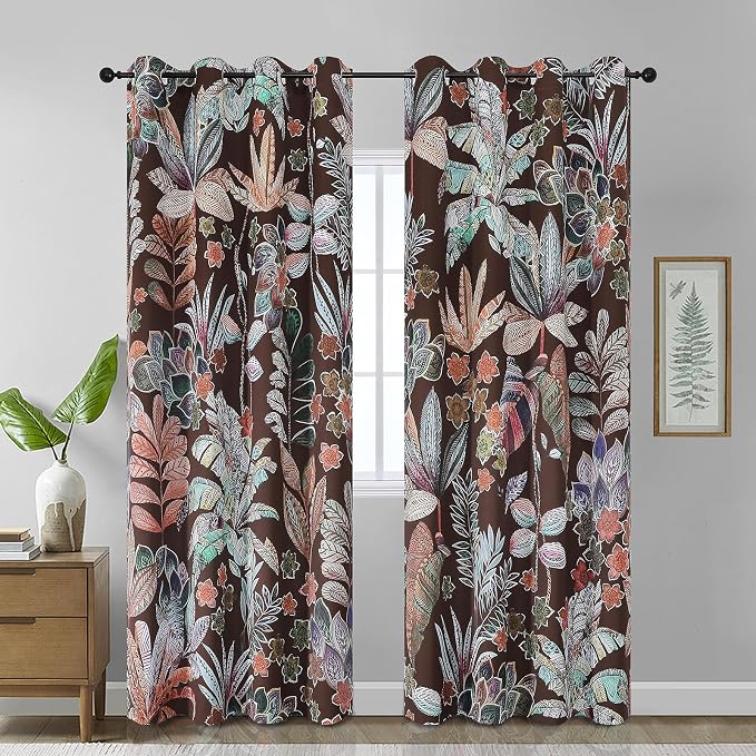 Estelar Textiler Brown Boho Blackout Curtains 84 inches Long 2 Panels for Living Room,Thermal Insulated Window Drapes for Bedroom,Leaf Pattern Design Energy Saving Curtains,52x84 Inch