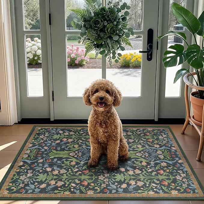 Tangsoo Green Washable Entry Rug, 2x3 Small Area Throw Rugs for Entryway Non Slip, Vintage Floral Thin Rug for Kitchen Bedroom, Low Pile Floor Carpet Front Door Mat for Entrance Bathroom Foyer Decor