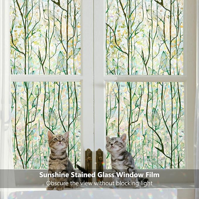 Finnez Window Privacy Film Window Film 3D No Glue Glass Sticker for Glass Door Home and Office Heat Control Anti UV (45.2 Inch x 13.1 Feet, Rainbow Grove)