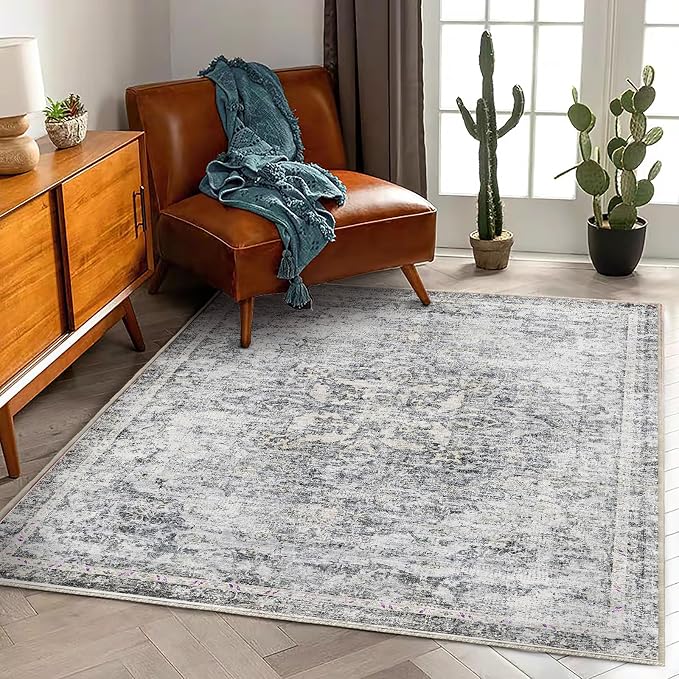 CHAMPLANT Washable Area Rug 4'x6' Vintage Traditional Floor Cover Foldable Thin Rugs Retro Kitchen Indoor Distressed Non Slip Carpet Floral Print Mat Bedroom Living Room