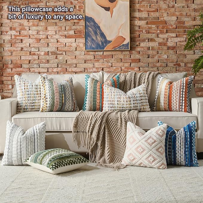 AmHoo Set of 2 Boho Chenille Pillow Cover Decorative Tufted Pillowcase for Couch Bed Sofa Bedroom Living Room Modern 18 x 18-Inch Brown White