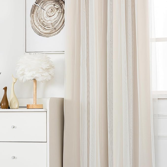 INLINAS Beige Blackout Curtains with Sheer Overlay - Grommet Top Thermal and Noise Reduction Panels for Bedroom and Living Room Light Blocking and Energy Saving, 52 x 63 Inches, Set of 2